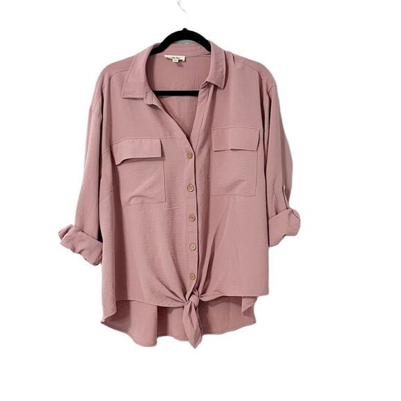🟢Como Blu Blush Pink Rill tab Sleeve Button Down Front Tie Blouse Size 2X - Picture 1 of 7